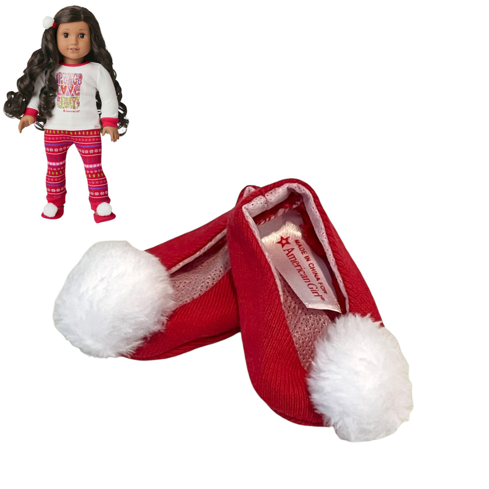 American Girl Doll Slippers For Love Peace Joy Pajamas Holiday Red Pom Pom Shoes